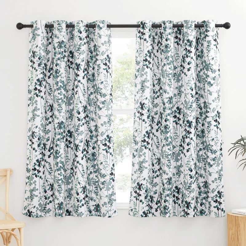 KGORGE Bedroom Curtains 63 inches Long - Green Watercolor Foliage Patterned Window Treatment Thermal Insulated Shades for Study/Cafe/Home Office/Living Room, W 52 x L 63, 2 Panels, Green - Image 2